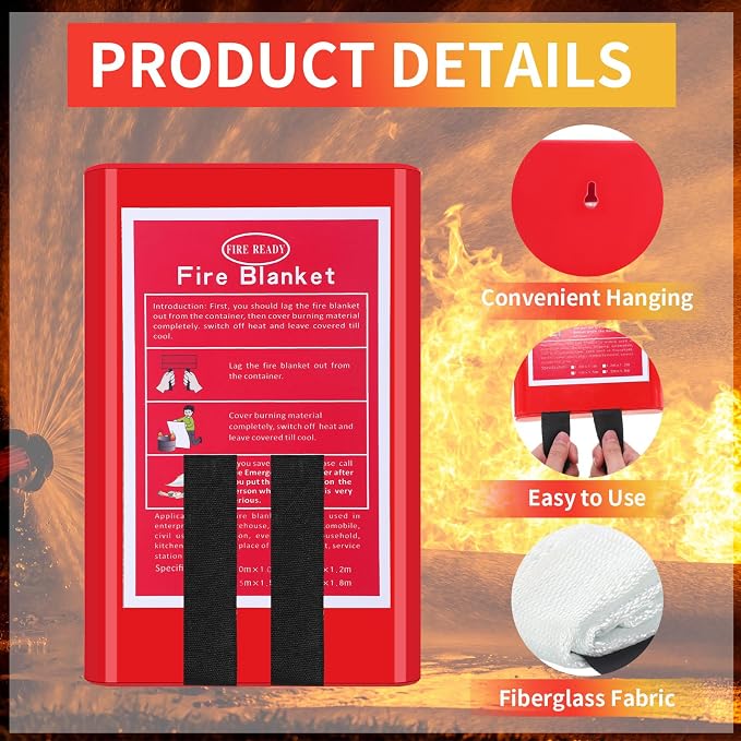 Copkim 4 Packs Fire Blanket with Box - Emergency Fire Suppression Fireproof Flame Retardant Fiberglass Survival Blanket for Home Kitchen Office Warehouse