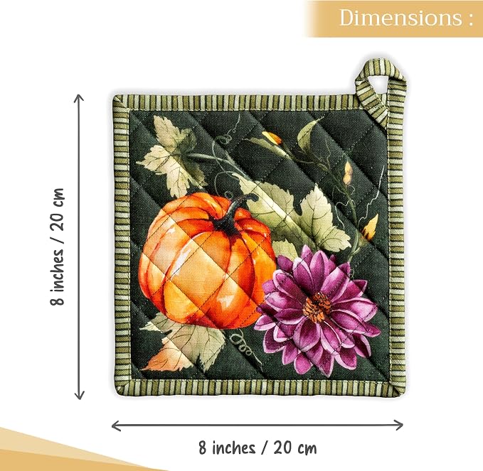 Maison d' Hermine Pot Holders 100% Cotton Potholders (8" x 8", Pack of 2) | Heat Resistant Hot Pads with Loop BBQ Cooking Kitchen Handling Hot Pans Thanksgiving Christmas - Pumpkin Garden - Dark Green