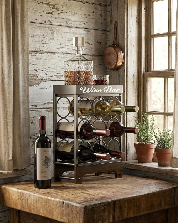 9 Bottles Wine Racks Countertop Freestanding with Top Tray, Modern Black Metal &Wood, 3 Tier Tabletop Wine Holder Stand for Home Kitchen Bar, Cabinet, Pantry, Wine Bottle Storage