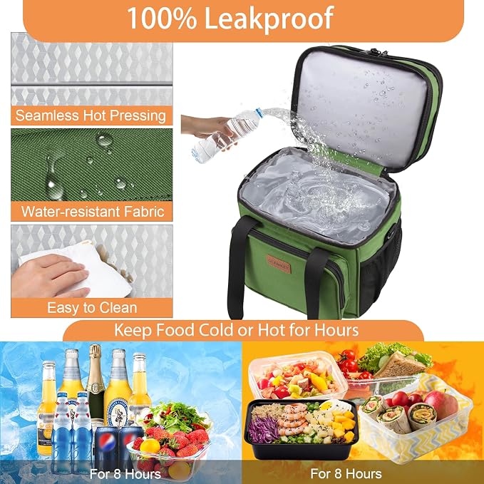 Expandable Large Insulated Lunch Box, Heavy Duty Lunch Cooler Bag Durable Leakproof Lunch Pail for Men Women Adults Work Shift Outdoor Picnic Camping Road Trip, 16L, Army Green, GLENKEY