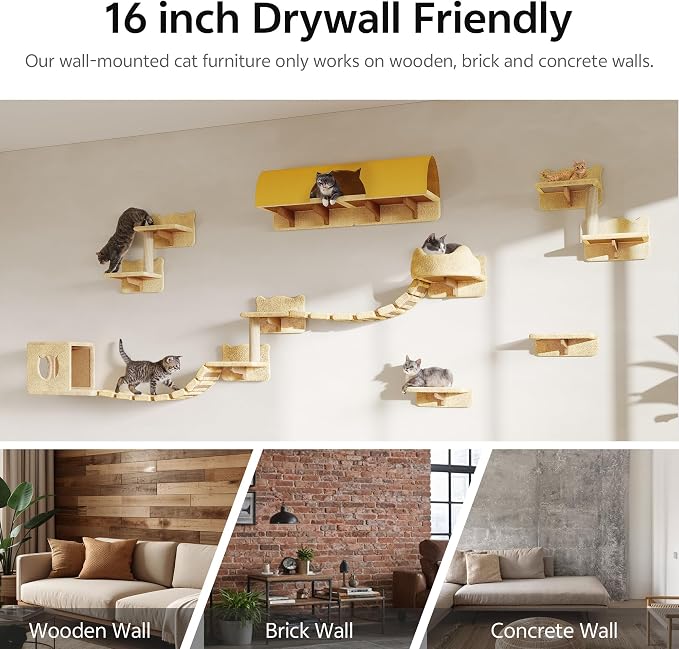 Cat Wall Furniture, 16 in 1 Cat Shelves w/Tunnel & Bridge, Beige | Wall Mounted Cats Shelf Set with Plush Fabric, Cat Climbing Wall Systems for 16 Inch Drywall, with Scratching Posts, Condos