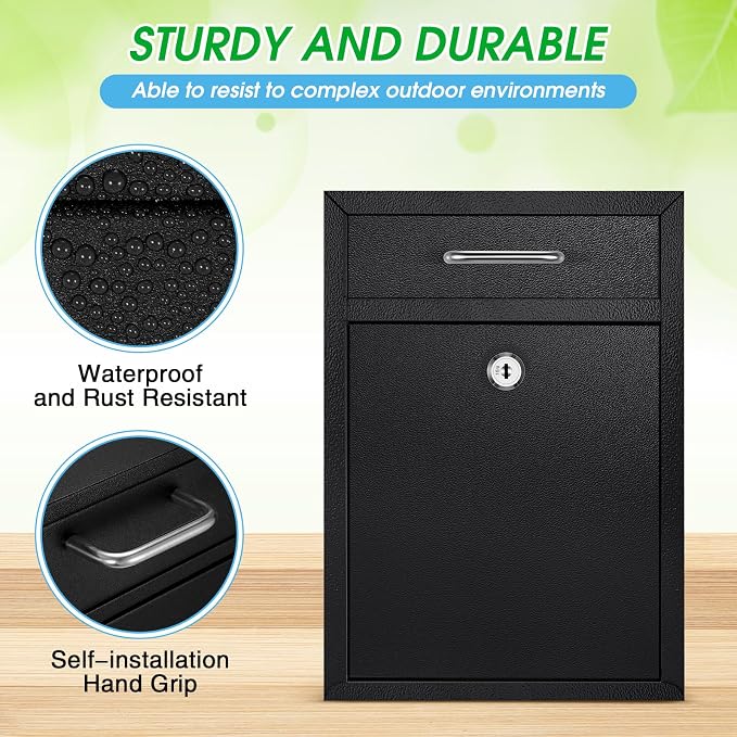 Yaocom Locking Mailbox with Key for Outdoor 12.2 x 8.5 x 3 Inches Large Wall Mount Mail Box with Lock Security Mail Drop Metal Collection Boxes Hanging Secure Postbox(Black)