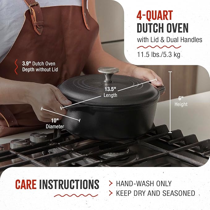 Victoria 4-Quart Cast Iron Dutch Oven with Lid and Dual Loop Handles, Seasoned with Flaxseed Oil, Made in Colombia