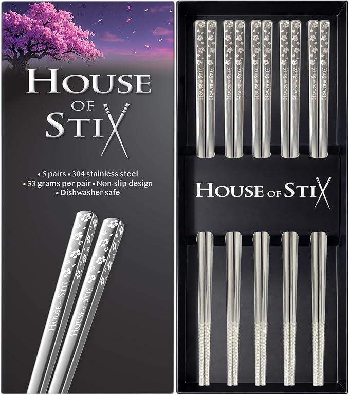 Stainless Steel Chopsticks – 5 Pairs 304 Food-Grade Metal, Reusable Dishwasher Safe, Non-Slip Laser Engraved, Japanese Korean Style Gift Set