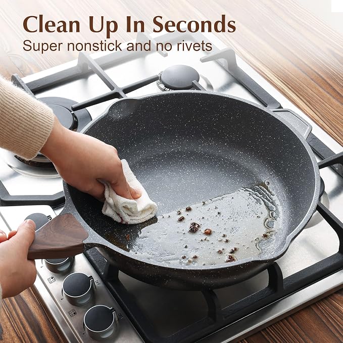 SENSARTE Nonstick Deep Frying Pan Skillet, 12-inch Saute Pan with Lid, Stay-cool Handle, Chef Pan Healthy Stone Cookware Cooking Pan, Induction Compatible, PFOA Free (Pack of 2)