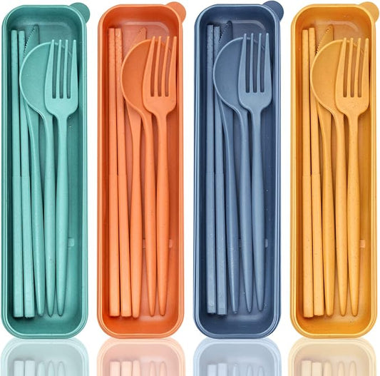 DISSKNIC Reusable Travel Utensils with Case, 4 Sets Wheat Straw Portable Cutlery Set Chopsticks Knives Fork and Spoon for Lunch Box Accessories, Camping Flatware Sets for Daily Use or Outdoor