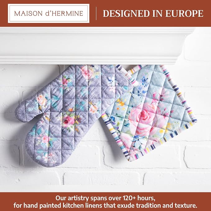 Maison d' Hermine 100% Cotton Oven Mitt & Pot Holder Set (7.5"x13" & 8"x8") | Heat Resistant BBQ Cooking Gloves with Loop Baking Kitchen Hotel Home Farmhouse Spring Summer - Sweet Rose Lavender - Lush