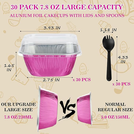 30PCS 7.8OZ Mini Aluminum Pans with Lids, Disposable, Magenta, Perfect for Birthday, Wedding Occasions