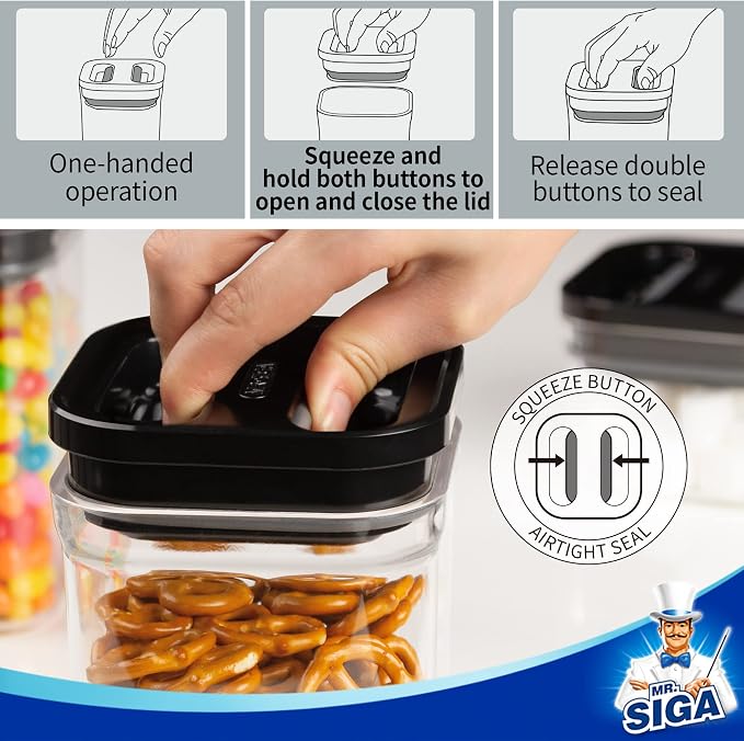 MR.SIGA 6 Piece Airtight Food Storage Container Set for Pantry Organization | BPA Free, stackable, one-handed kitchen storage containers for cereals, spaghetti, pasta, black