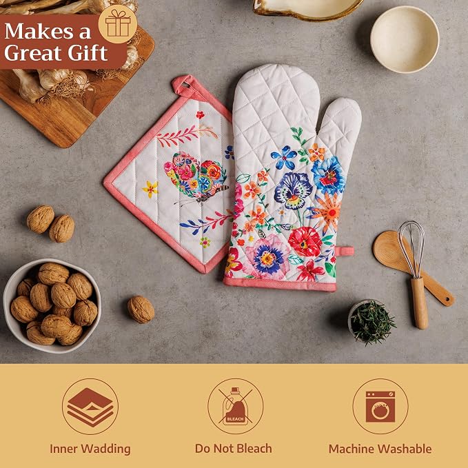 Maison d' Hermine 100% Cotton Oven Mitt & Pot Holder Set (7.5"x13" & 8"x8") | Heat Resistant BBQ Cooking Gloves with Loop Baking Kitchen Hotel Home Farmhouse Spring Summer - Happy Florals - High Summer