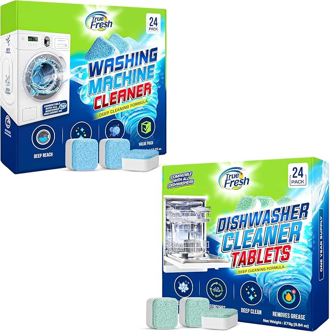 Washing Machine & Dishwasher Cleaner Tablets - 48-Pack Bundle Compatible with Front Loader Top Loader & He Machines and all Dishwashers Removes Buildup Lime Scales and residues - Septic Safe