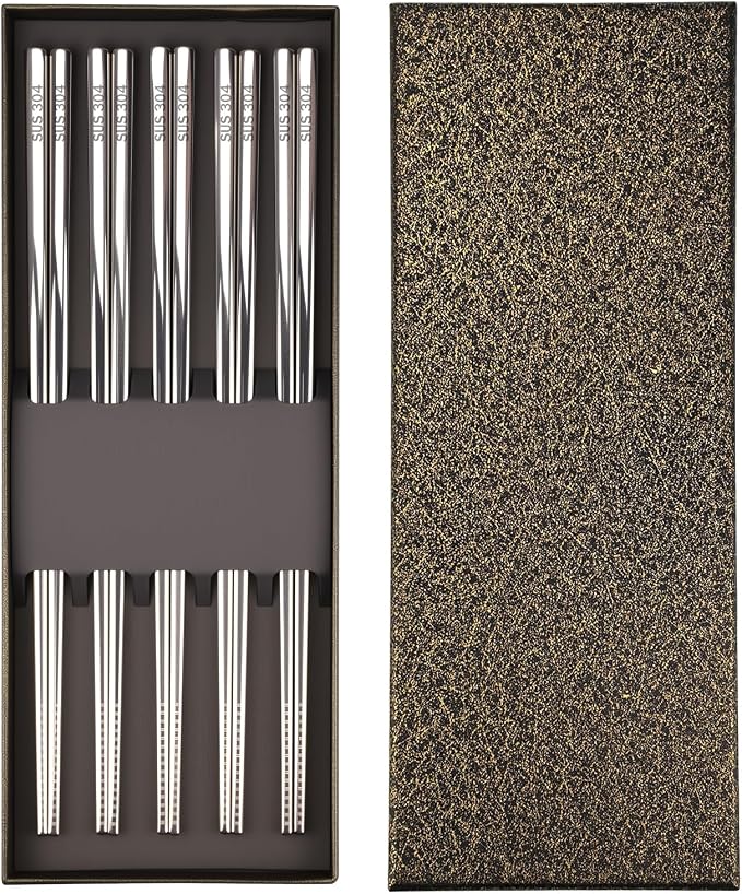 5 Pairs Stainless Steel Chopsticks, 9.25" Metal Set, Non-Slip Tips | 18/8 304 Stainless Steel, 5 Colors, Square Body, Laser-Engraved Tips, Dishwasher Safe, Gift Box