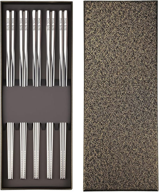 5 Pairs Stainless Steel Chopsticks, 9.25" Metal Set, Non-Slip Tips | 18/8 304 Stainless Steel, 5 Colors, Square Body, Laser-Engraved Tips, Dishwasher Safe, Gift Box