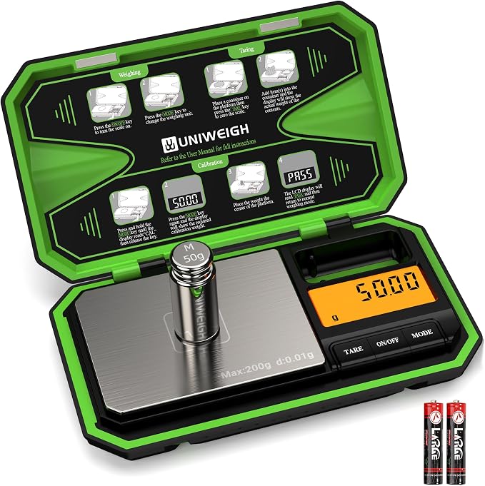 UNIWEIGH Digital Pocket Scale 200g/0.01g, Digital Scale Grams Precision | Jewelry Scale,Coins Scale with 50g Cal Weights for Powder,small items,Tea,Jewelry,Coins (Battery Included)-Fluorescent Green