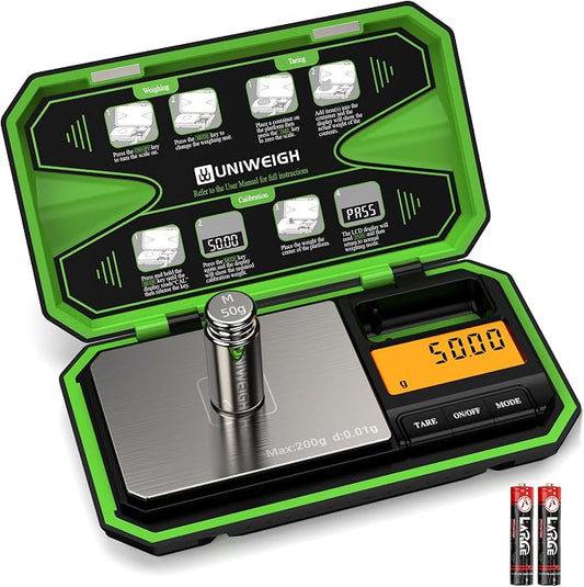 UNIWEIGH Digital Pocket Scale 200g/0.01g, Digital Scale Grams Precision | Jewelry Scale,Coins Scale with 50g Cal Weights for Powder,small items,Tea,Jewelry,Coins (Battery Included)-Fluorescent Green