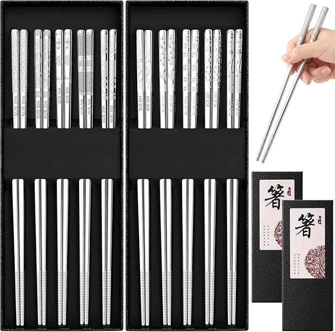 10 Pairs Metal Chopsticks Reusable 18/8 Stainless Steel Chopsticks with Sleek Engraving Patterns 9.25 in Japanese Korean Chop Stick Non-slip Dishwasher Safe for Premium Gift Set