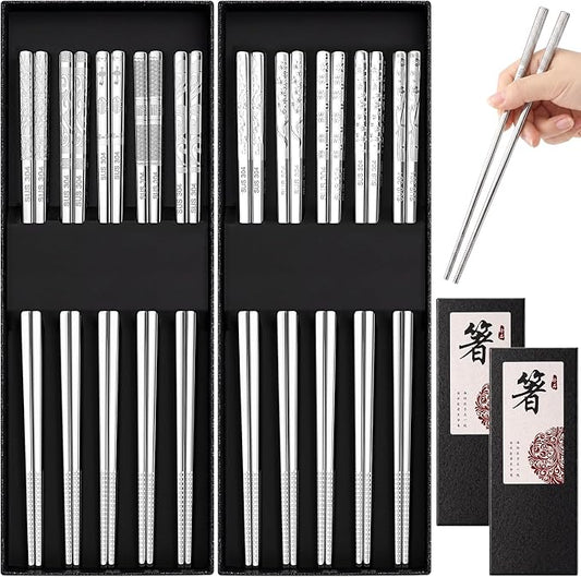 10 Pairs Metal Chopsticks Reusable 18/8 Stainless Steel Chopsticks with Sleek Engraving Patterns 9.25 in Japanese Korean Chop Stick Non-slip Dishwasher Safe for Premium Gift Set