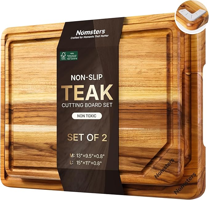 2 Pack Teak Cutting Boards for Kitchen Wood Wooden Cutting Board Non Slip | Non Toxic, Over Sink, NOT Bamboo Stainless Steel Titanium Acrylic Acacia Olive, Space-Saving, Best Kitchen Gift for Mom
