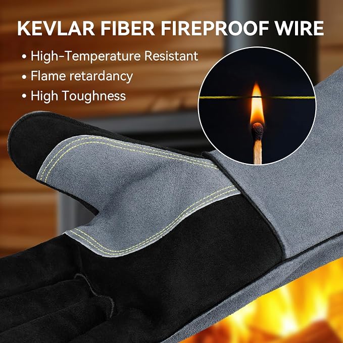 OZERO Welding Gloves: 932°F Heat Resistant Gloves, Black-Gray, 14 Inch | 1.2 mm Split Cowhide, Reinforced Palm, Long Cuff, for MIG TIG Stick Forge BBQ Grill Fireplace Fire Pit Wood Stove Oven