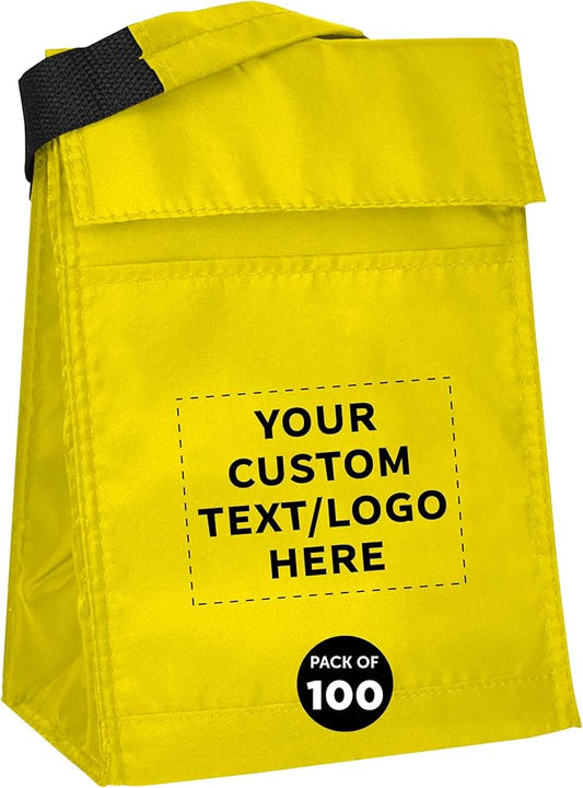 DISCOUNT PROMOS 100 Hook and Loop Insulated Lunch Bags Set - Customizable Text, Logo - Polyester, Durable, Vibrant, Reusable - Yellow