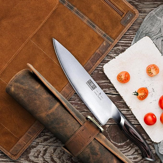 ELIZO Leather Knife Roll Bag Professional Chef Knife Case, Durable Knife Sheath Holder, Cooks & Culinary Tools Carrying Storage, Portable Knife Wrap - 4 Slots (Saddle)