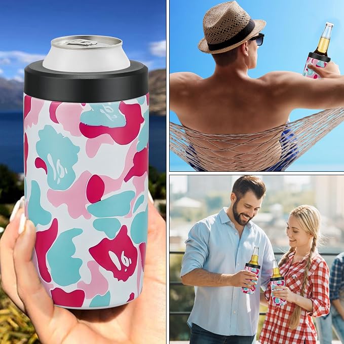 MAXSO Slim Can Cooler, 4-in-1 Double Walled Stainless Steel Insulated Beer Can Holder, Works With All 12 Oz Cans,Bottles & As A Pint Cups - Leo Pink