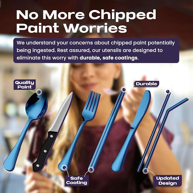 Taplord Portable Travel Silverware Set With Case, Includes 10 Pcs of Travel Utensils With Case, Stainless Steel Flatware Set For Camping, Lightweight (Blue)
