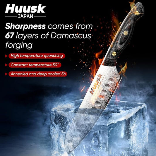 Huusk Damascus Santoku Knife 7 inch, Japanese Knives with Sharp Edge and Wooden Handle Hand Forged Chef Knives for Home Use, Meat Vegetables Fish Knives, Birthday Dad Mom Gift