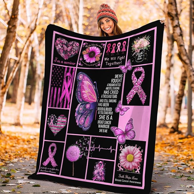 Breast Cancer Awareness Blanket Chemo Pink Ribbon Flannel Plush Throw Blanket Cozy Inspirational Warrior Decor Fleece Stuff Blanket Gifts for Lover Girls Boys Kids Adults Women Bed Travel 60"x80"