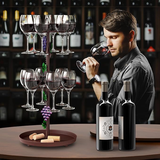 Metal Tabletop Wine Rack with Hanging 12 Glasses Hooks Countertop Holder | Champagne Bottle & Wine Glass Holder Stand, Tabletop Stemware Storage Rack for Kitchen, Dining Table,Bar Farmohuse Decor