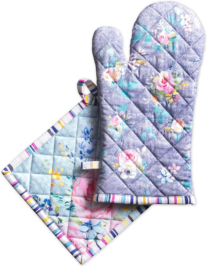Maison d' Hermine 100% Cotton Oven Mitt & Pot Holder Set (7.5"x13" & 8"x8") | Heat Resistant BBQ Cooking Gloves with Loop Baking Kitchen Hotel Home Farmhouse Spring Summer - Sweet Rose Lavender - Lush
