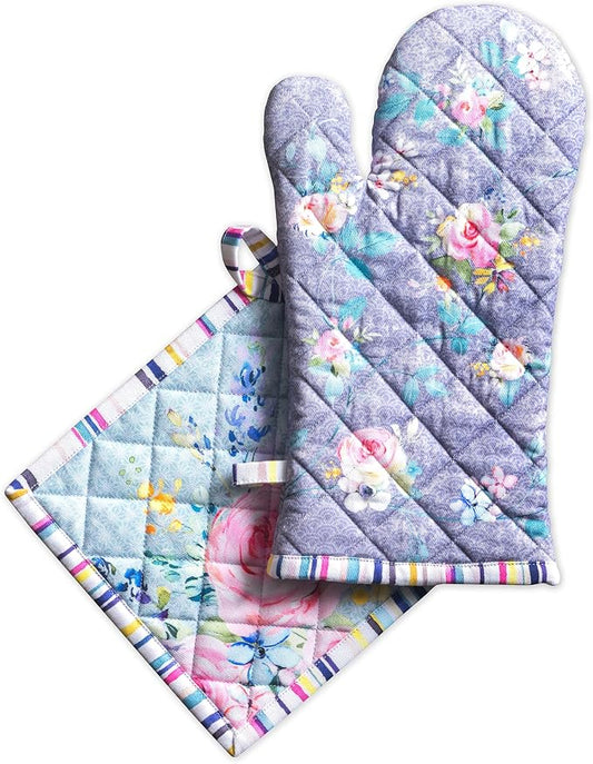 Maison d' Hermine 100% Cotton Oven Mitt & Pot Holder Set (7.5"x13" & 8"x8") | Heat Resistant BBQ Cooking Gloves with Loop Baking Kitchen Hotel Home Farmhouse Spring Summer - Sweet Rose Lavender - Lush