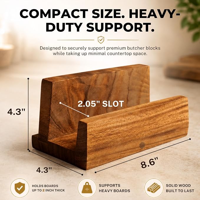 SHUMARU 2-Inch Thick Cutting Board Holder – Solid Hardwood Stand for Premium Butcher Blocks – Perfect Fit for Heavy 2" Thick Boards – Anti-Tip Countertop Organizer Holds Two 1" Boards