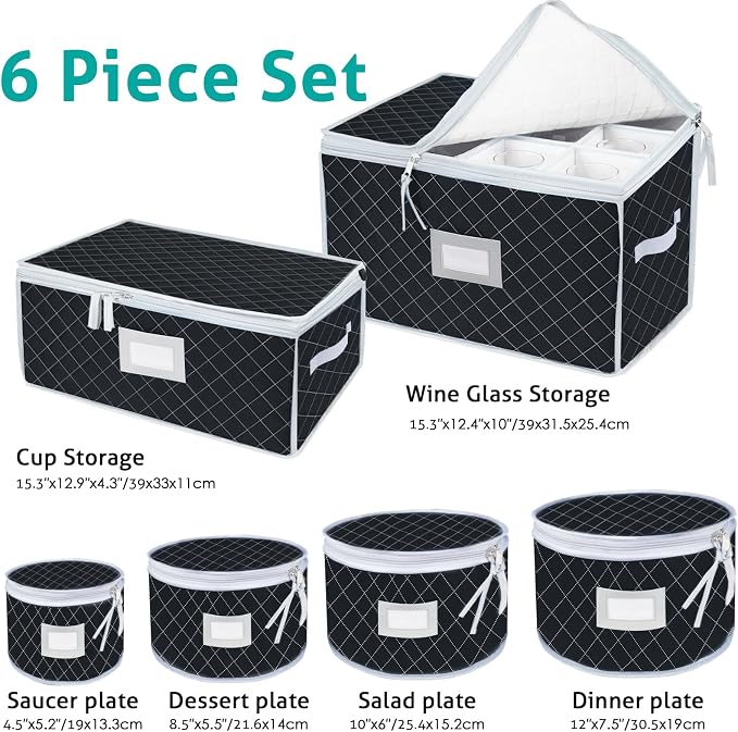 China Dinnerware Storage Containers Set- Dish,Mug,Stemware Storage Cases - Quilted Box Bins Stackable with Divider,handles,Clear Window for Cups,Plates,Wine Glasses Moving Set of 6 (Black)