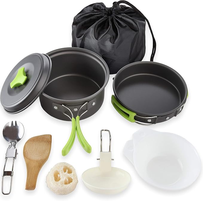 MalloMe Camping Cookware Mess Kit for Backpacking Gear – Camping Cooking Set - Camping Pots and Pans Set - Backpacking Stove/Portable Stove Compatible - Camp Kitchen Equipment Accessories Pot