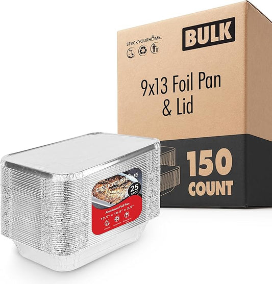 Foil Pans with Lids - 9x13 Aluminum Pans with Covers - 150 Foil Pans and 150 Foil Lids - Disposable Food Containers Great for Baking, Cooking, Heating, Storing, Prepping Food