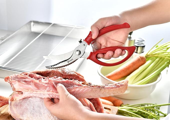 Heavy Duty Poultry Shears - Kitchen Scissors for Cutting Chicken, Poultry, Game, Meat - Chopping Vegetable - Spring Loaded - Red