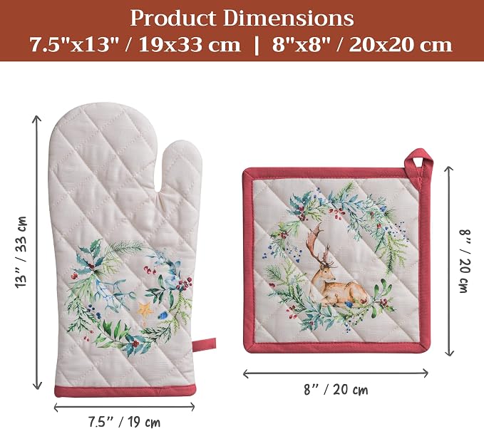 Maison d' Hermine 100% Cotton Oven Mitt & Pot Holder Set (7.5"x13" & 8"x8") | Heat Resistant BBQ Cooking Gloves with Loop Baking Grilling Kitchen Hotel Home Farmhouse Thanksgiving Christmas - Holly Time