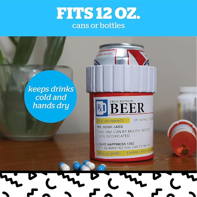 Foam Drink Kooler, Soft Sided Beer Cooler, Portable Party Beverage Holder for Soda Cans, Funny Can Cooler - Prescription Pill Bottle