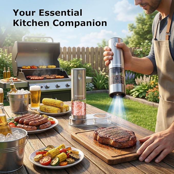 Bonsenkitchen Electric Salt and Pepper Grinder Set, USB-C Rechargeable Stainless Steel Adjustable Coarseness Pepper Mill with LED Light, 95ml Large Capacity, Clean Brush for Kitchen, BBQ & Camping