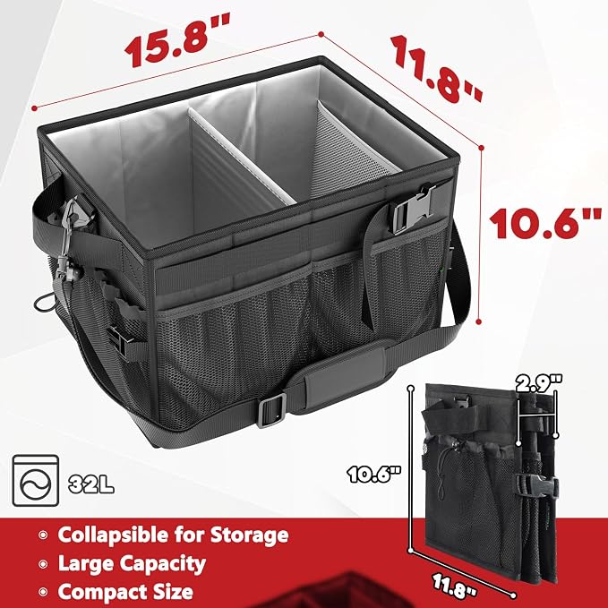 Grill Caddy, Foldable BBQ Caddy with Paper Towel Holder, Black | 11 Compartments, Easy-Clean Aluminum Interior, 1680D Oxford Fabric, Water-Resistant, Shoulder Strap Included, Tailgating