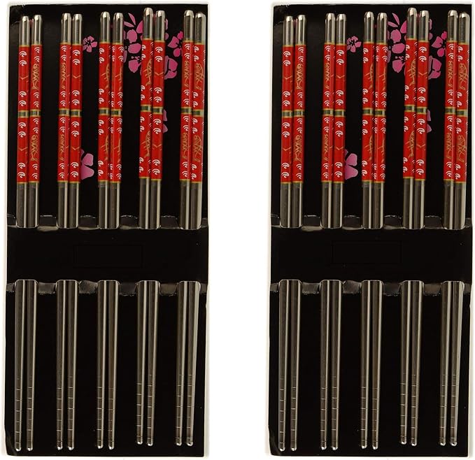 [5 PAIRS] Premium Red Flower Reusable Stainless Steel Chopsticks - Metal Stainless Steel Chopsticks Set - Great for Dinner, Kitchen, Ramen, Dishwasher Safe by EcoQuality (8.8 inches)