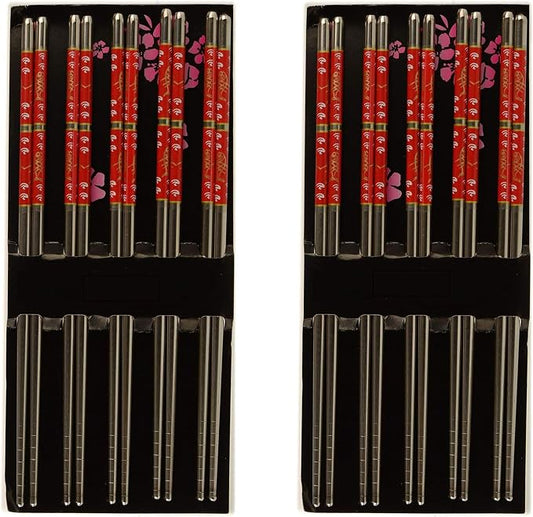 [5 PAIRS] Premium Red Flower Reusable Stainless Steel Chopsticks - Metal Stainless Steel Chopsticks Set - Great for Dinner, Kitchen, Ramen, Dishwasher Safe by EcoQuality (8.8 inches)
