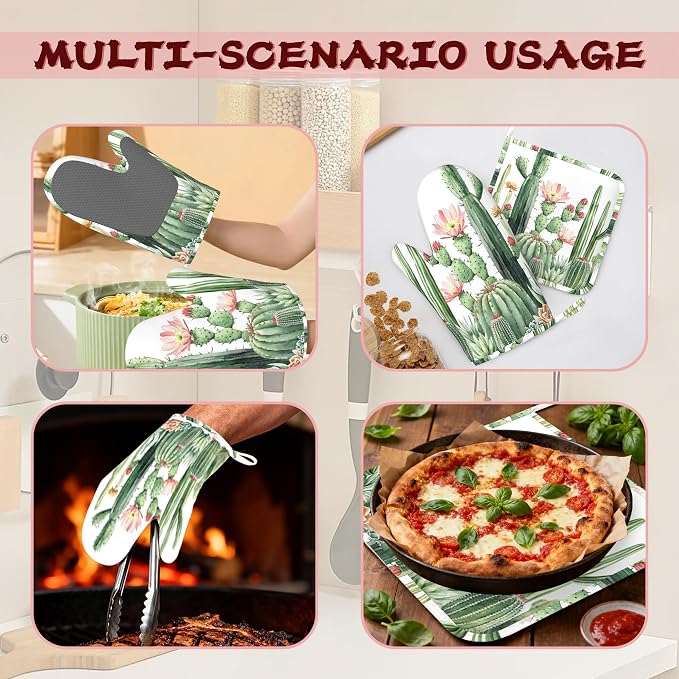 Cactus Succulent Greenery Flower Heat-Resistant Silicone Oven Mitts and Pot Holder 4 Piece Set,Non-Slip Kitchen Oven Gloves for Baking, BBQ, Cooking,Grilling