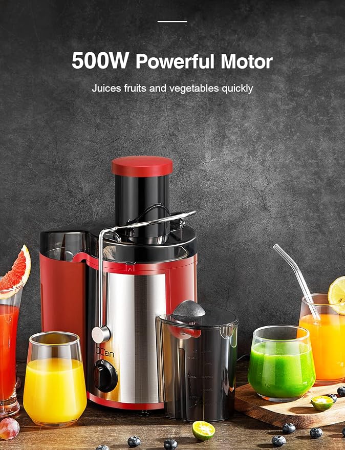 QCen Juicer Machine 500W Centrifugal Juicer with Extra Wide Feed Chute | For Fruits And Vegetables, Stainless Steel, BPA-Free Parts, Easy To Clean, Red, Compact Countertop Juicer