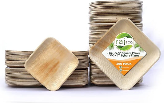Raj Palm Leaf Plates Plates like Bamboo plates Disposable, Decorative Compostable Tableware for wedding, Lunch, Dinner, Birthday, Camping, Outdoor BBQ, Picnic (9.5"x100 7"x100 (200 Pack))