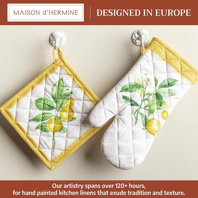 Maison d' Hermine 100% Cotton Oven Mitt & Pot Holder Set (7.5"x13" & 8"x8") | Heat Resistant BBQ Cooking Gloves with Loop Baking Grilling Kitchen Hotel Home Farmhouse Spring Summer - Limoncello