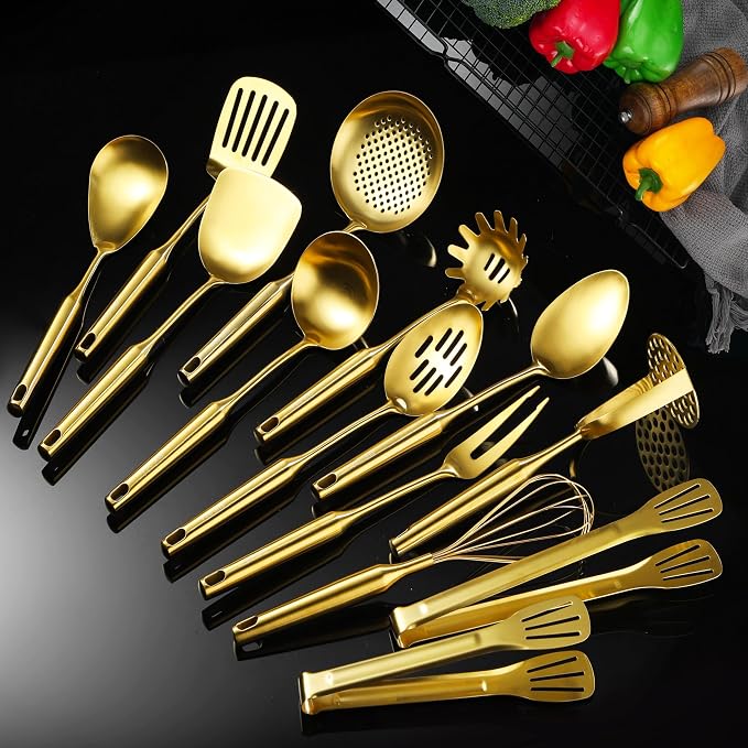Gold Kitchen Cooking Utensils Set 13 PCS Stainless Steel 12-13.7" | Food-grade 304, Dishwasher Safe,Rust-proof, Made To Last,Easy To Store,Good Choice for Presents