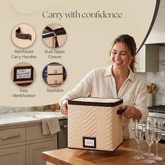 Wine Glass Storage Box with Dividers, Holds 12 Champagne Flute 3" Wide | 2 Pack, Stemware Storage Case, Protects Fine China, Durable Quilted Microfiber, Carry Handles, Ideal for Champagne Flute