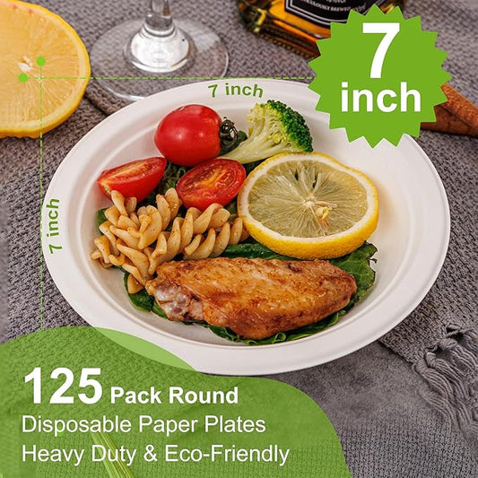 WELLIFE 7 Inch Paper Plates, 125-Pack Small Dessert Paper Plates Bulk, 100% Compostable Biodegradable Bagasse, Eco-Friendly Disposable Plate for Dessert,BBQ,Picnic,Party (BPI Certified,Microwaveable)